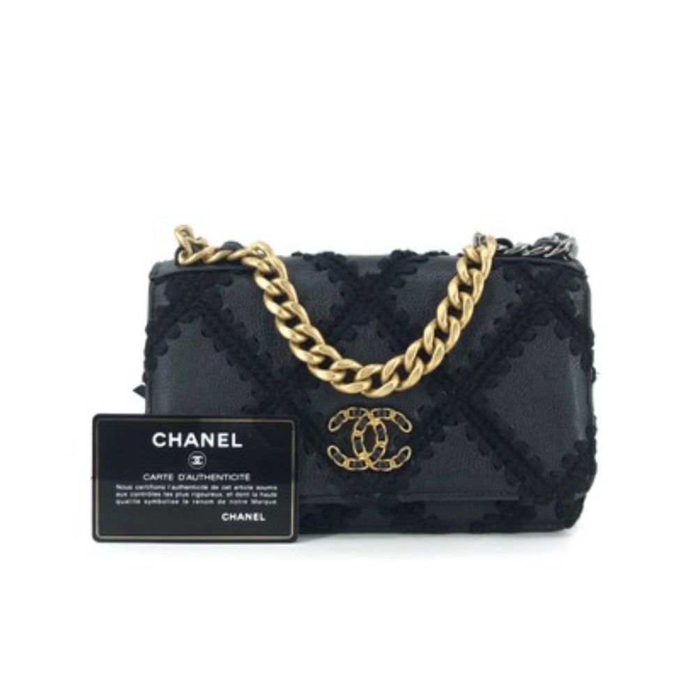 FULL SET - CHANEL 19 WOC Black Calfskin & Crochet Shoulder Bag w/ Ruthenium HW